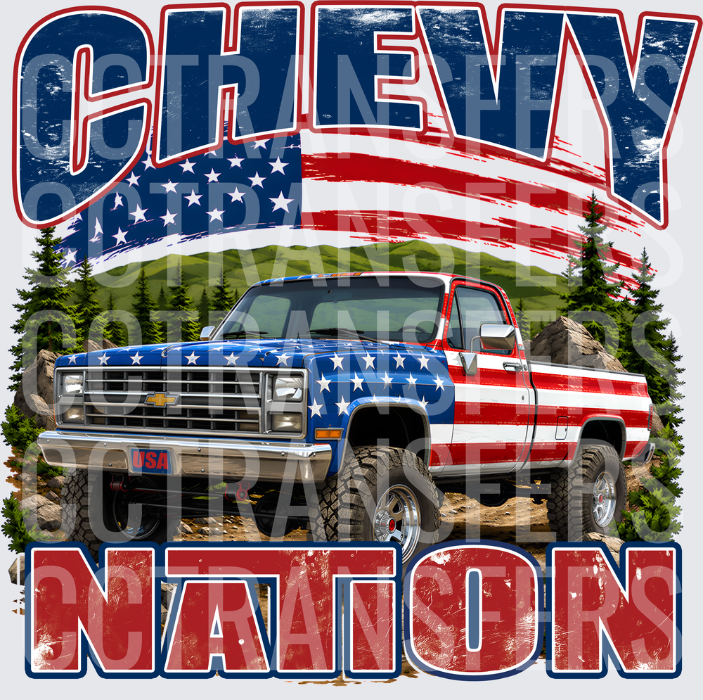 Chevy Nation American Flag Lifted Truck Mountain Scene DTF