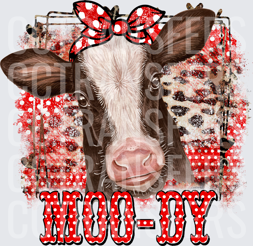 Moo-Dy Cow with Red Polka Dot Bow on Leopard Red Background (DTF)