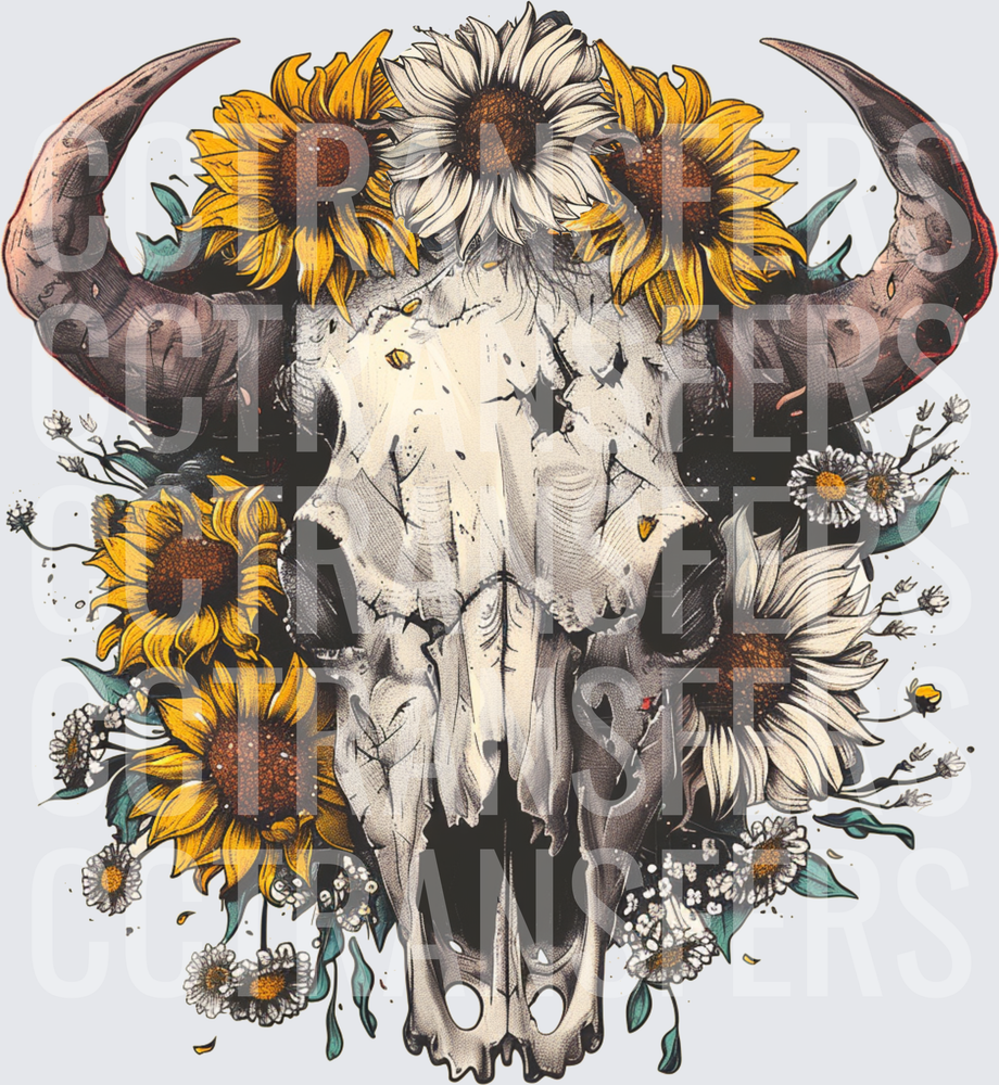 Floral Bull Skull Sunflowers Daisies Western Boho (DTF)