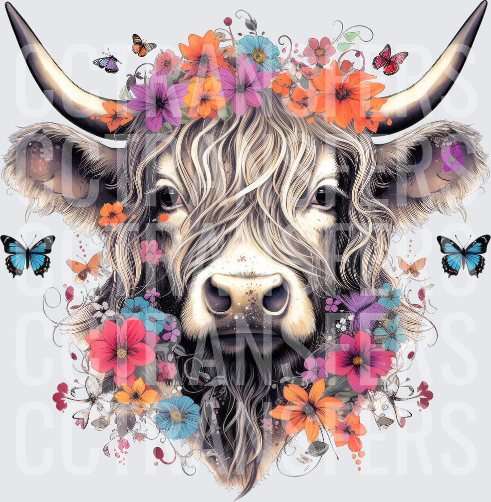 Floral Highland Cow With Butterflies Portrait (DTF)