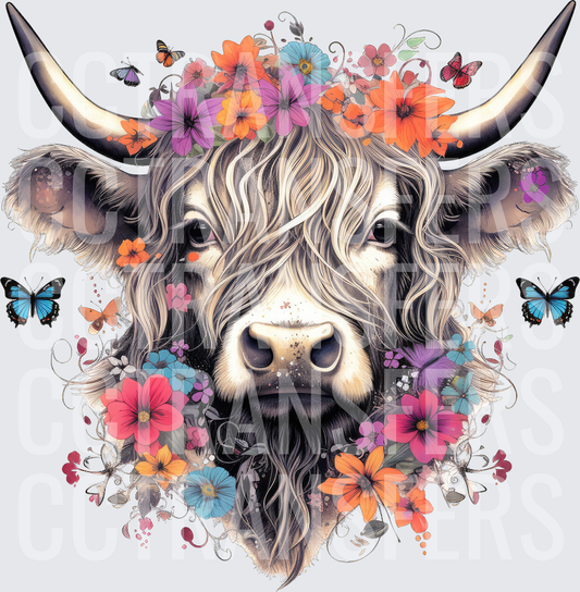 Floral Highland Cow With Butterflies Portrait (DTF)