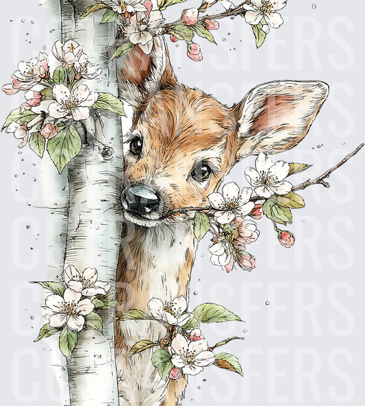 Curious Fawn Peeking Around Birch Tree Spring Blossoms (DTF)