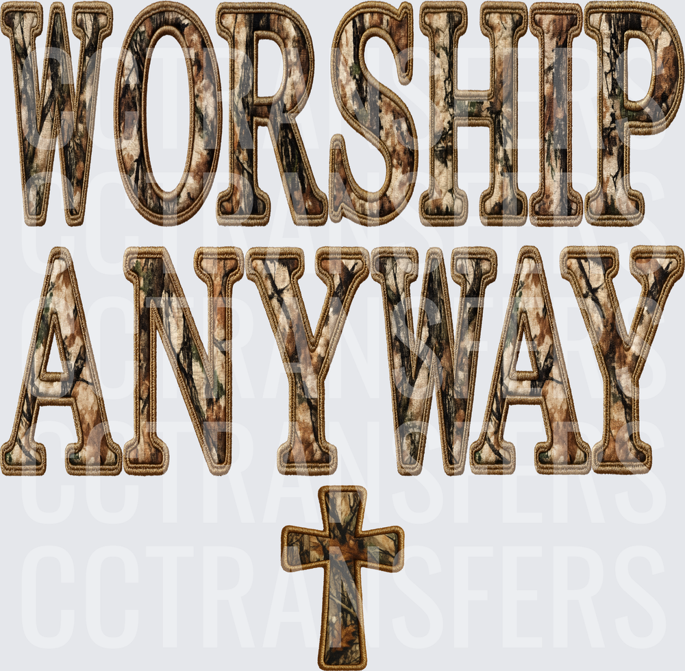 Worship Anyway Camo Embroidery Cross (DTF)