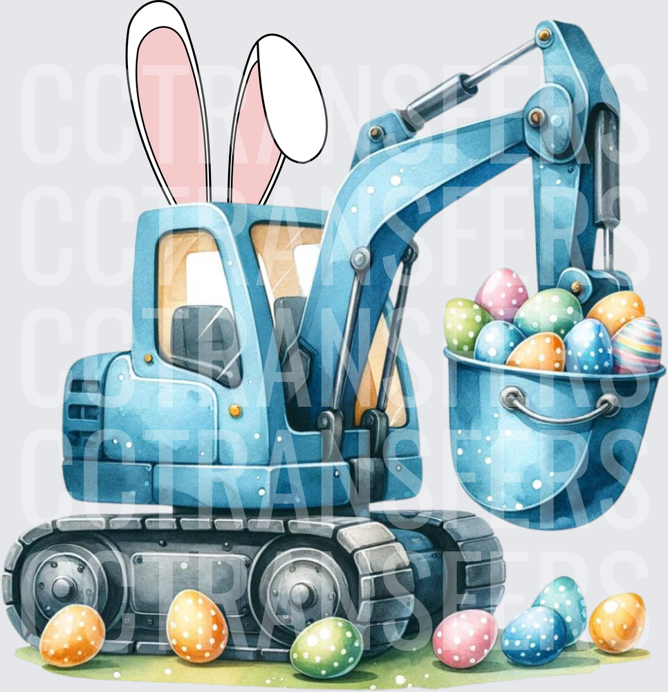 Easter Excavator with Bunny Ears and Colorful Eggs (DTF)