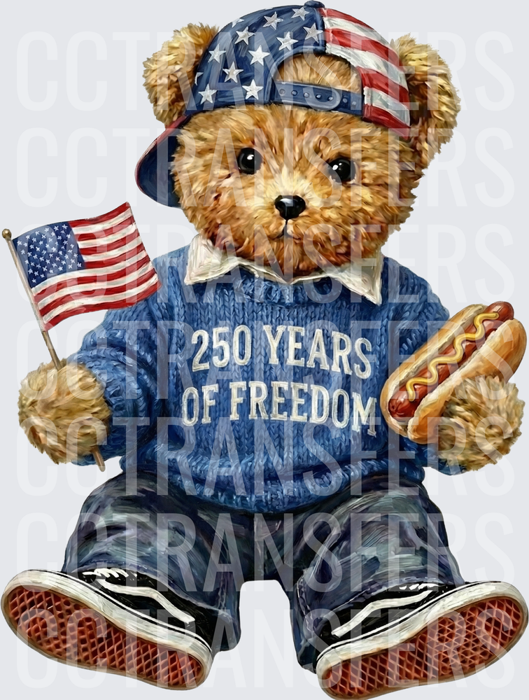 Patriotic Teddy Bear 250 Years Of Freedom American Flag Hotdog (DTF)