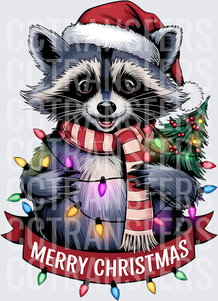 Merry Christmas Raccoon Santa Hat Scarf Holiday Lights (DTF)