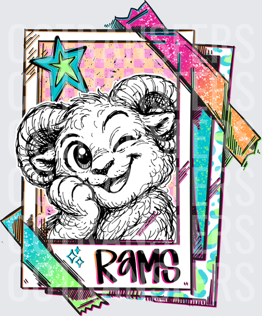 Retro Polaroid Rams Mascot Sketch Neon Checkered (DTF)