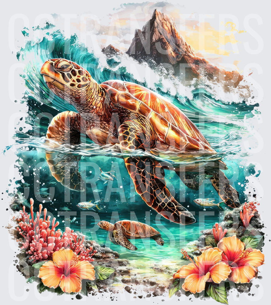 Tropical Sea Turtle Ocean Wave Coral Hibiscus Scene (DTF)