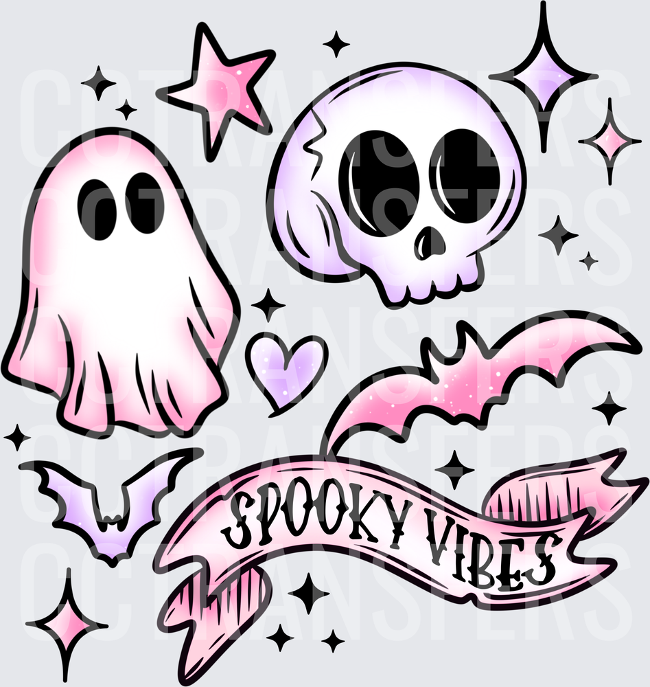 Spooky Vibes Pastel Ghost Skull Bats Halloween (DTF)