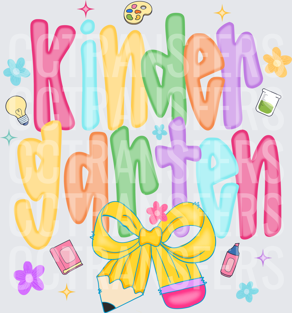 Kindergarten Colorful Bold Text with Bow and School Icons (DTF)