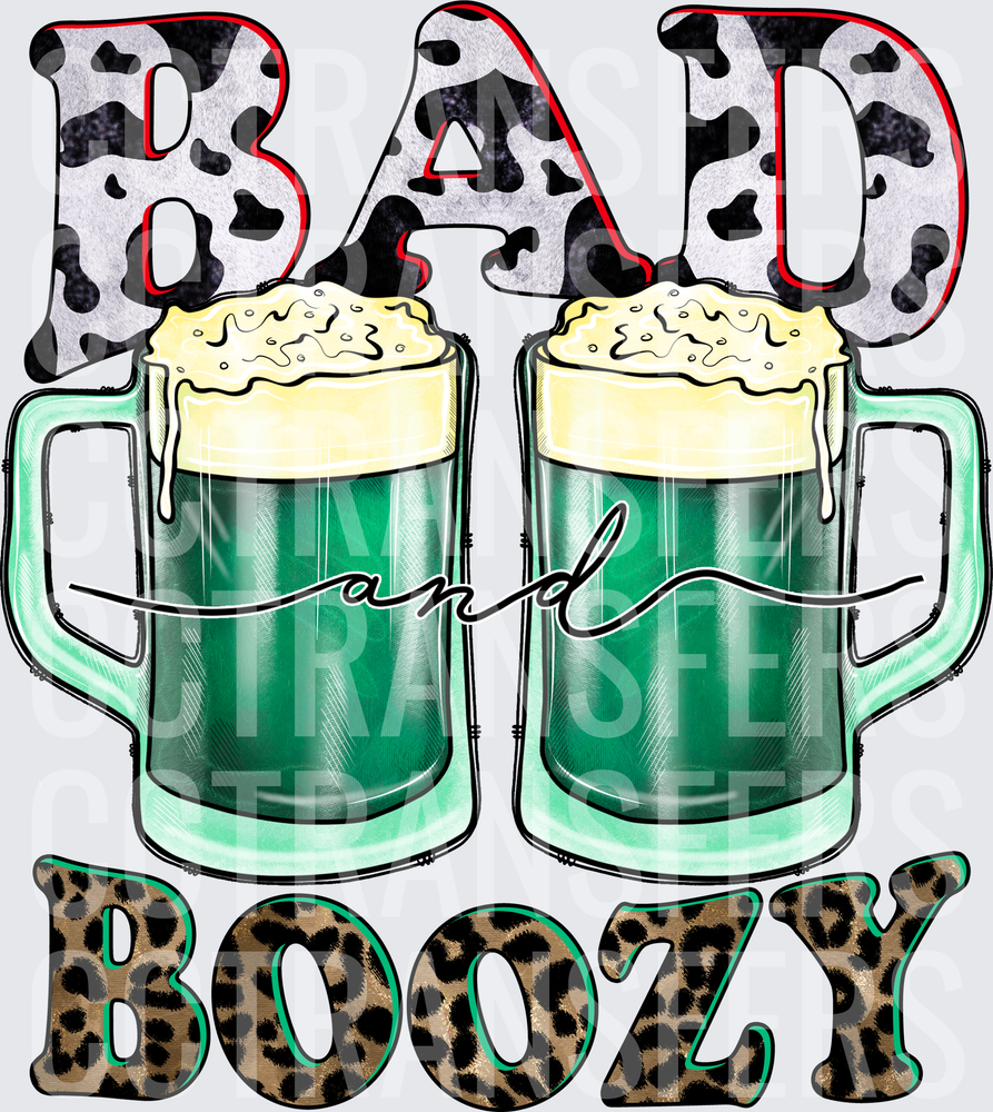 Bad and Boozy Green Beer Mugs Cow Leopard Print (DTF)