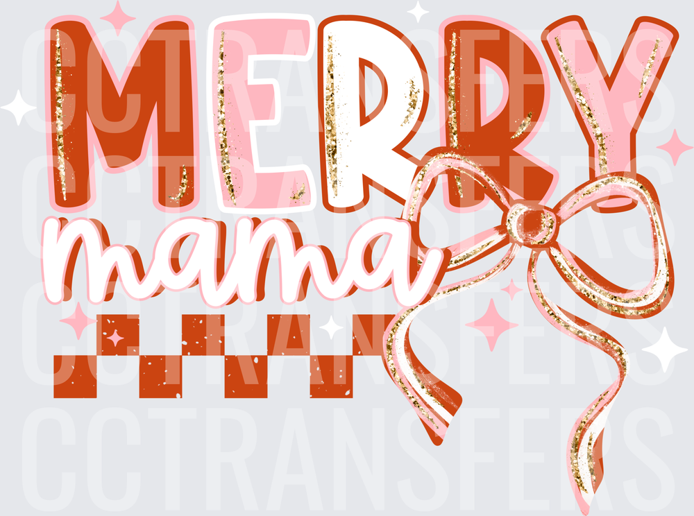 Merry Mama Retro Checkered Bow Glitter Christmas (DTF)