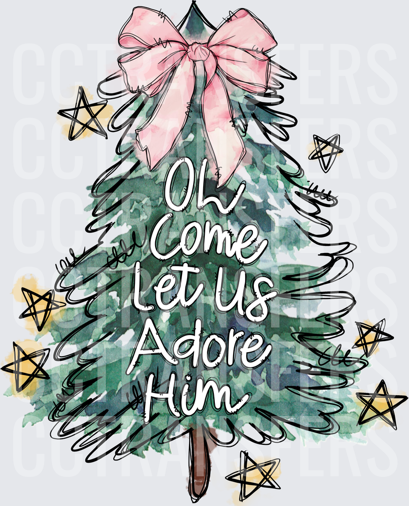 Oh Come Let Us Adore Him Watercolor Christmas Tree (DTF)