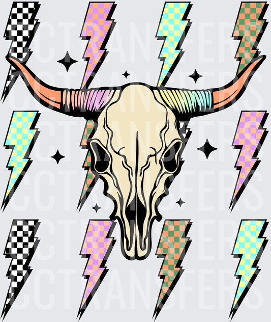 Longhorn Skull Pastel Checkered Lightning Bolts Stars (DTF)