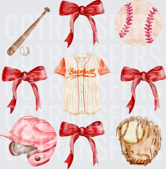 Watercolor Baseball Jersey Bows Bat Helmet Glove Set (DTF)