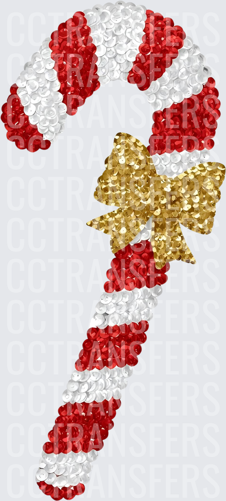 Sequin Red White Striped Candy Cane Gold Bow (DTF)