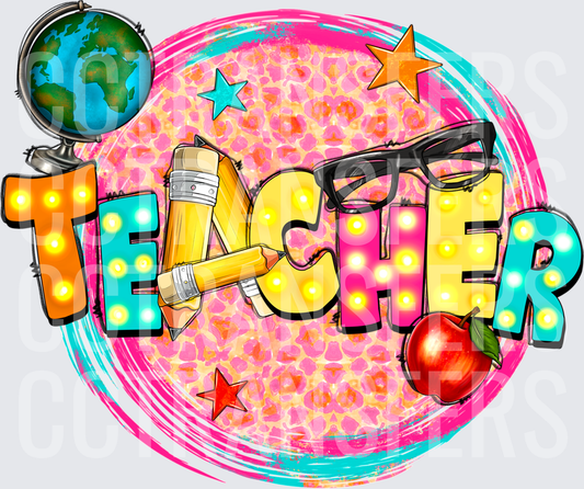 Marquee Letter Teacher Leopard Pink Globe Apple Pencil (DTF)