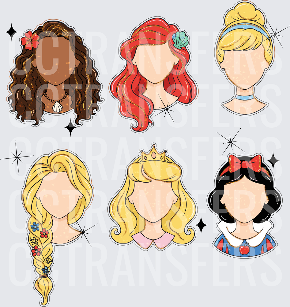 Faceless Princess Heads Glitter Six Character Set (DTF)