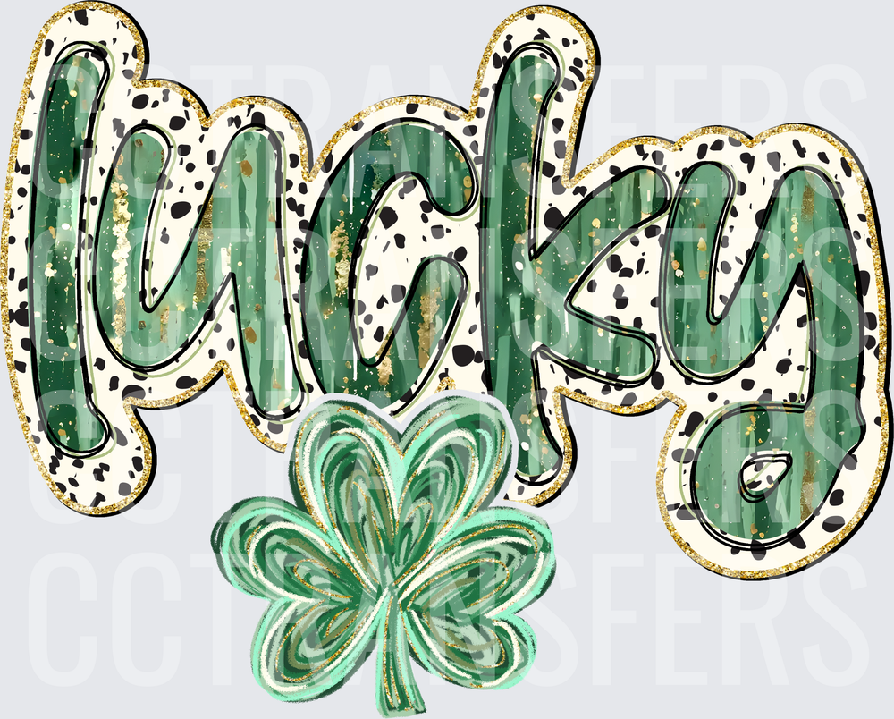 Lucky Green Script Dalmatian Gold Glitter Shamrock (DTF)