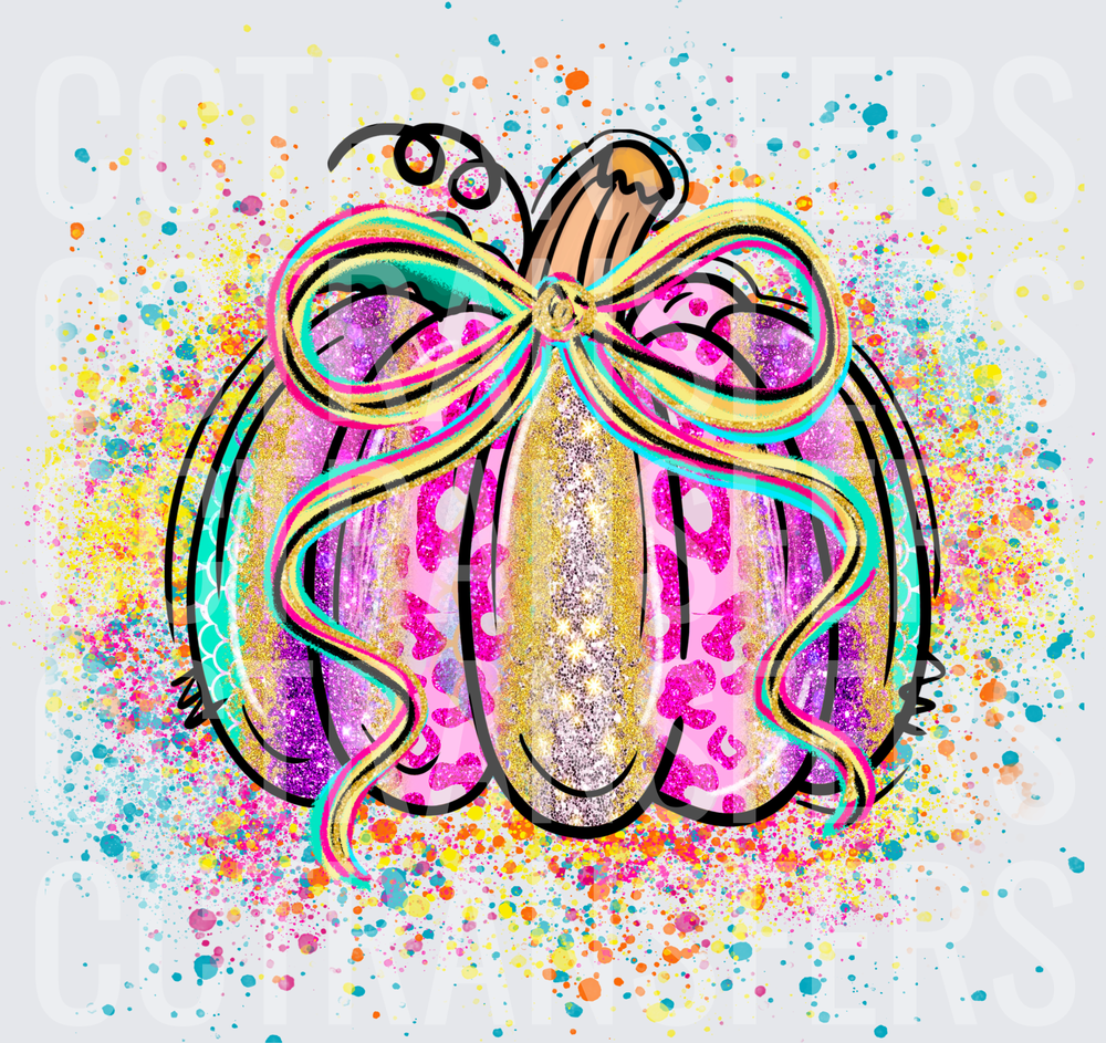 Glitter Bow Pumpkin Colorful Paint Splatter Fall (DTF)