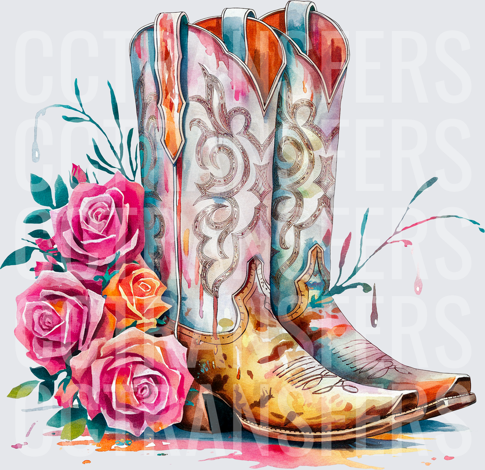 Watercolor Cowboy Boots with Pink & Orange Roses (DTF)