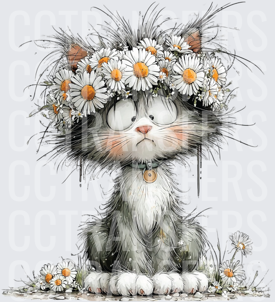 Grumpy Fluffy Cat with Daisy Crown and Collar (DTF)