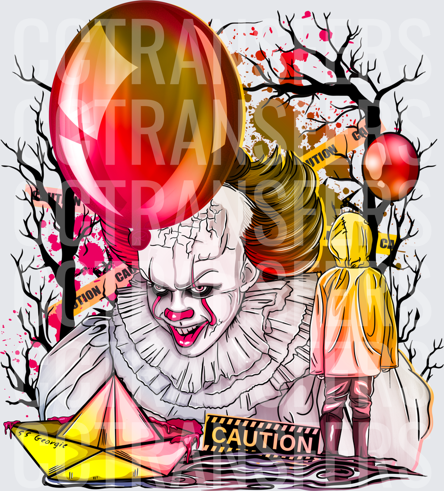 Creepy Clown Red Balloon Georgie Caution Horror Scene (DTF)