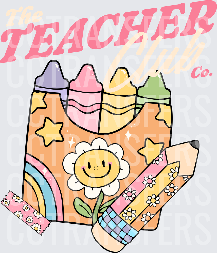 Groovy Crayon Box Smiley Flower Pencils Teacher (DTF)