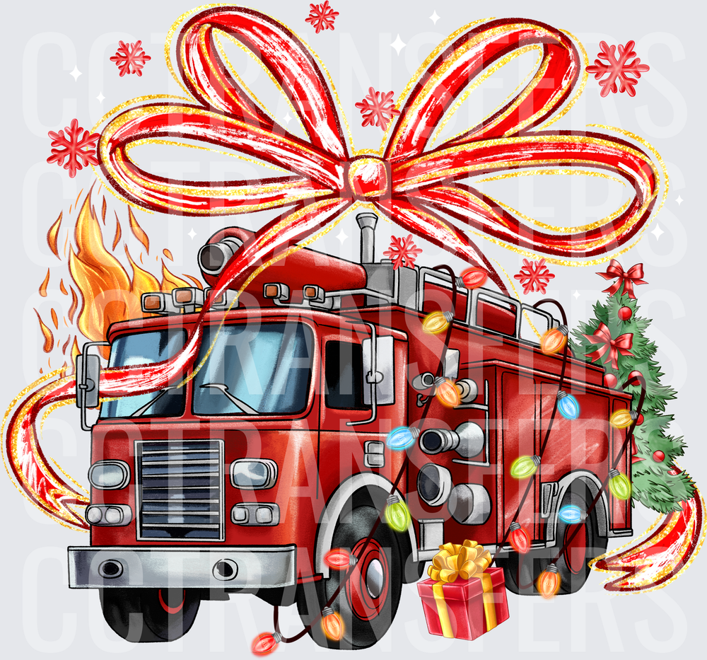 Christmas Fire Truck with Lights Bow Snowflakes Flames (DTF)