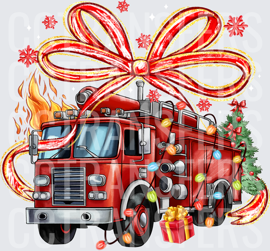 Christmas Fire Truck with Lights Bow Snowflakes Flames (DTF)