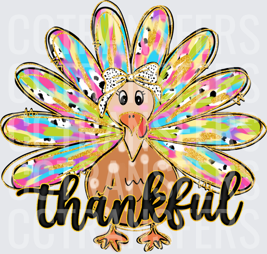 Thankful Colorful Turkey Girl Dalmatian Bow DTF