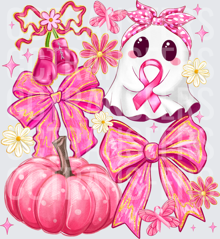 Pink Ghost Breast Cancer Awareness Halloween Pumpkin Bows (DTF)