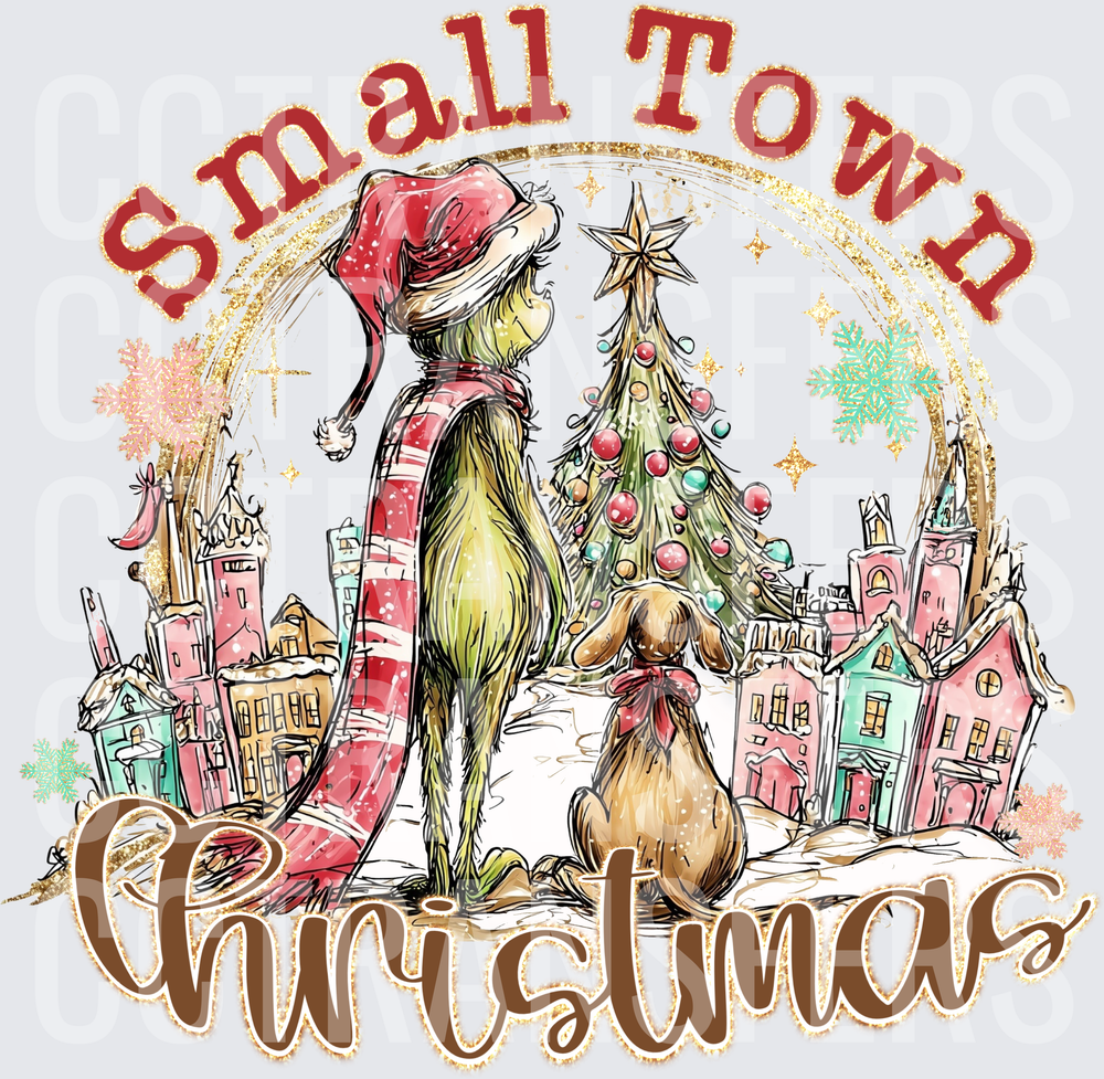 Small Town Christmas G-Man & Dog Snowy Village Scene (DTF)