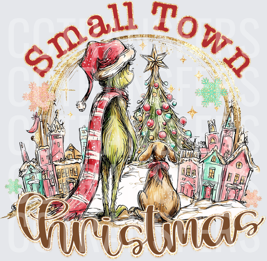 Small Town Christmas G-Man & Dog Snowy Village Scene (DTF)