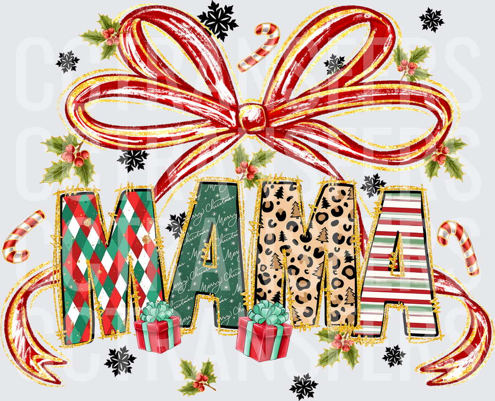 Christmas Mama Patterned Letters Red Bow Holly (DTF)