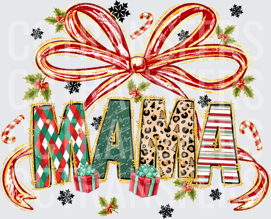 Christmas Mama Patterned Letters Red Bow Holly (DTF)