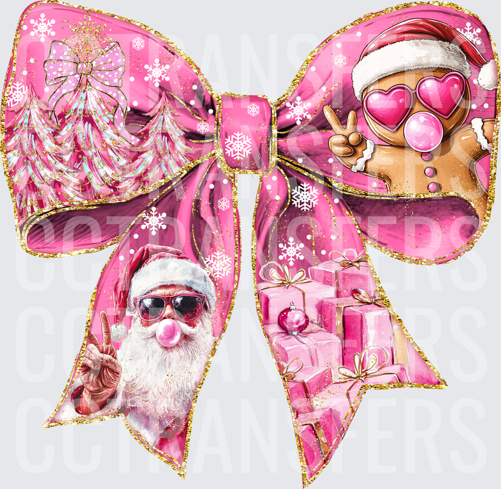Pink Glitter Bow Santa Gingerbread Man Christmas Gifts (DTF)