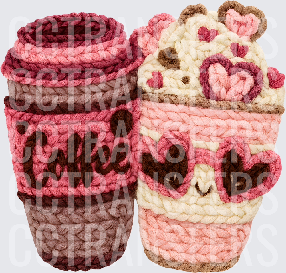 Crochet Knit Coffee Cup Pair with Hearts Valentine (DTF)