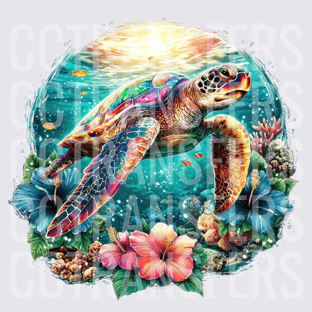 Colorful Sea Turtle Coral Reef Hibiscus Flowers (DTF)