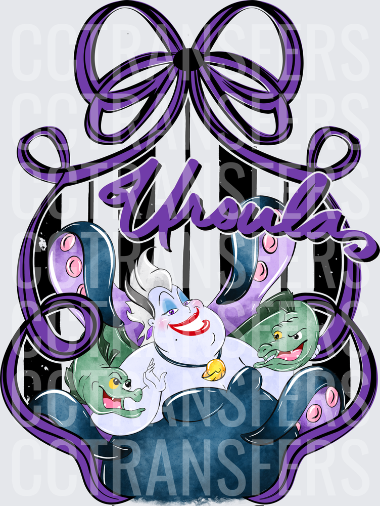 Ursula Sea Witch with Eels Purple Bow Striped Frame (DTF)