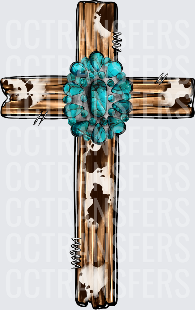 Western Cowhide Cross Turquoise Squash Blossom Concho (DTF)