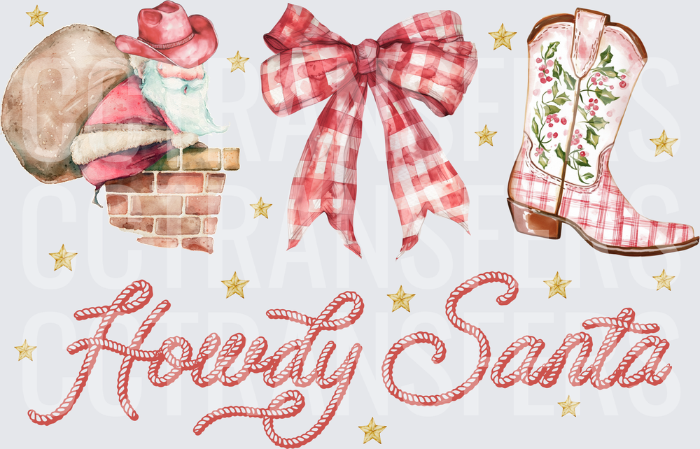Howdy Santa Western Cowboy Christmas Plaid Boot Bow DTF