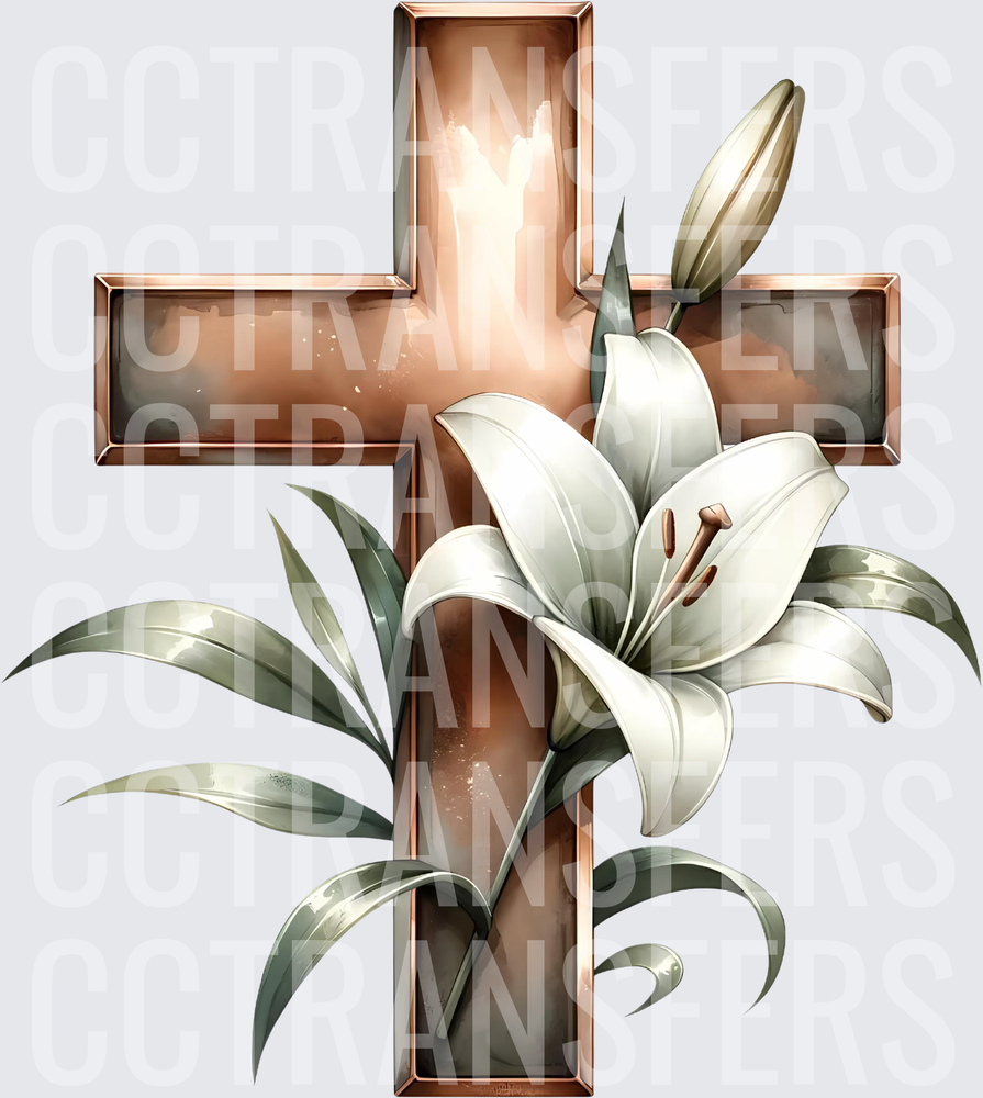 Rose Gold Christian Cross with White Easter Lily (DTF)
