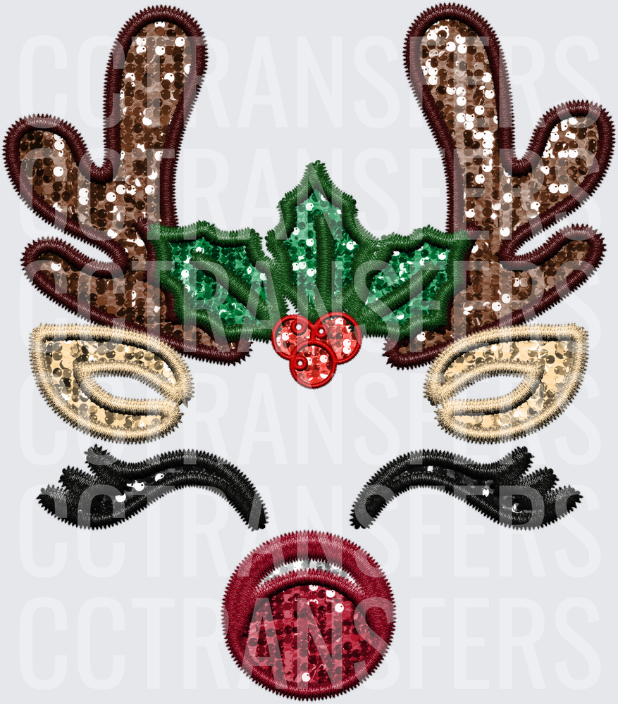 Sequin Reindeer Face Holly Berry Christmas (DTF)
