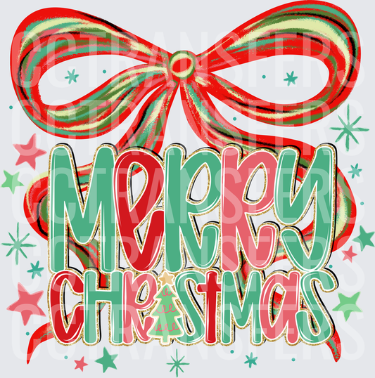 Merry Christmas Striped Bow Stars Holiday Lettering (DTF)