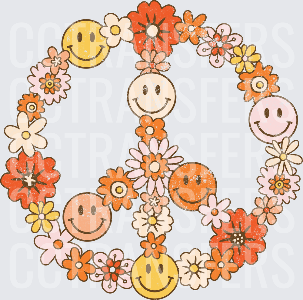 Retro Groovy Peace Sign Smiley Faces Floral (DTF)