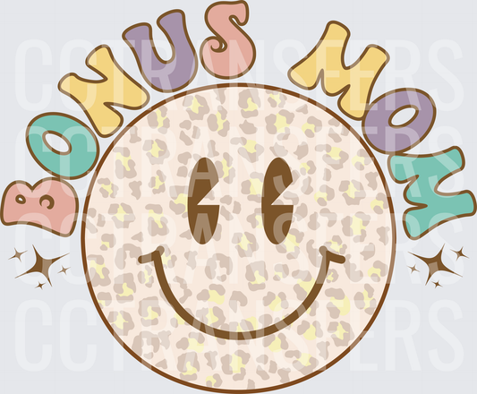 Bonus Mom Leopard Print Retro Smiley Face (DTF)