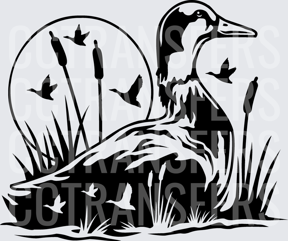Black and White Heron Wetland Scene with Flying Ducks (DTF)