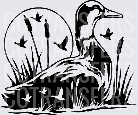 Black and White Heron Wetland Scene with Flying Ducks (DTF)
