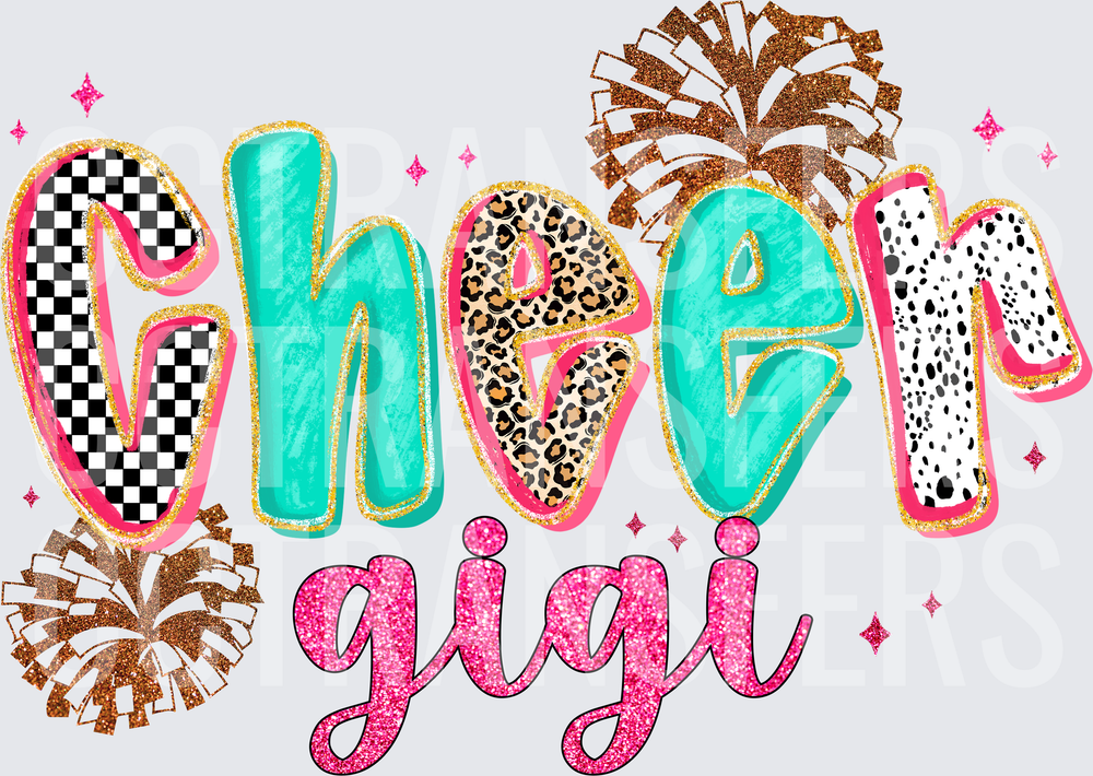 Cheer Gigi Mixed Pattern Glitter Pom Pom Design (DTF)